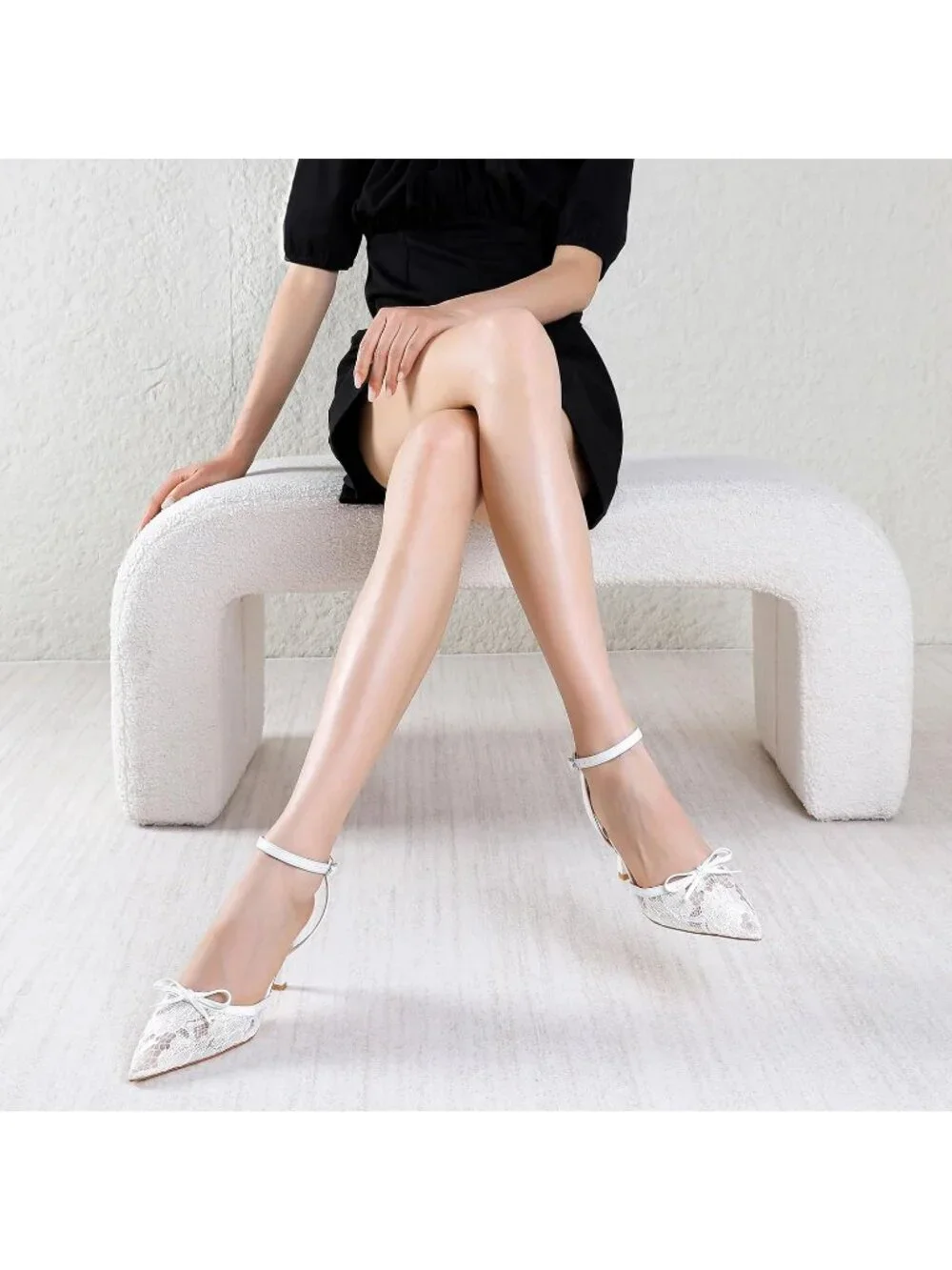 Women's White Bow Lace Elegant Closed Pointed Toe Strappy Stiletto Pumps Shoes